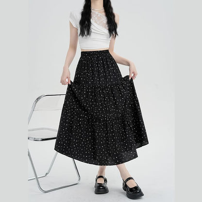 A-Line Tiered Elastic Skirt Midi Floral Waist