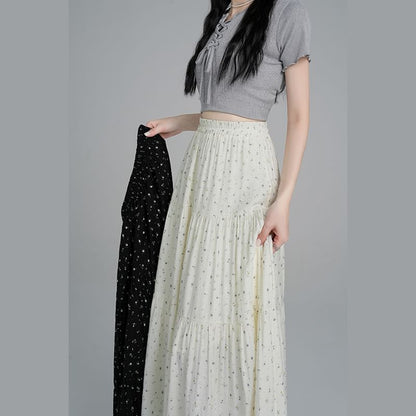 A-Line Tiered Elastic Skirt Midi Floral Waist