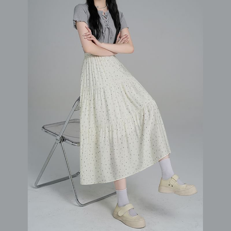 A-Line Tiered Elastic Skirt Midi Floral Waist
