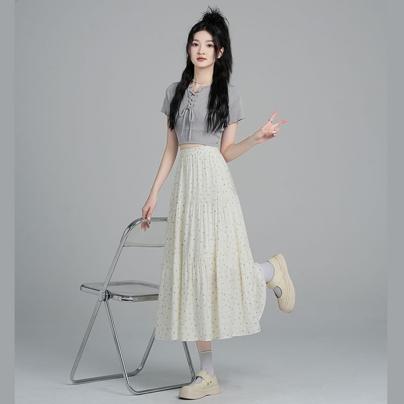 A-Line Tiered Elastic Skirt Midi Floral Waist