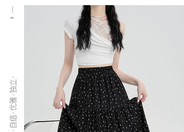 A-Line Tiered Elastic Skirt Midi Floral Waist