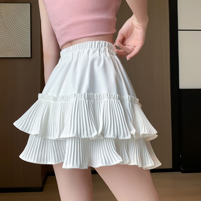 Mini Tiered Plain Accordion A-Line Elastic Pleated Skirt Waist