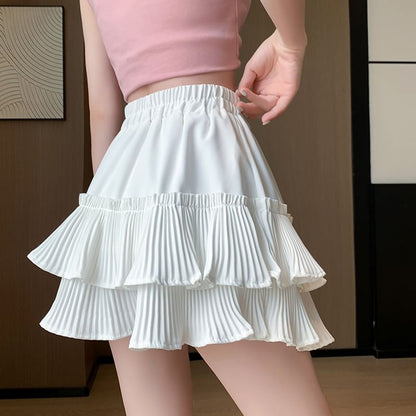 Mini Tiered Plain Accordion A-Line Elastic Pleated Skirt Waist