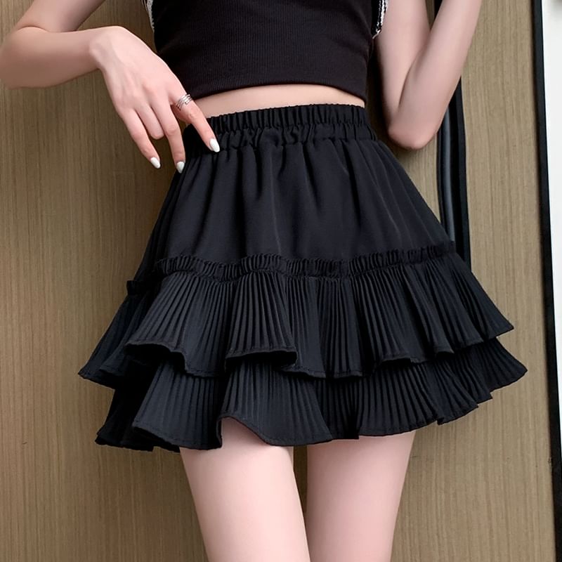 Mini Tiered Plain Accordion A-Line Elastic Pleated Skirt Waist