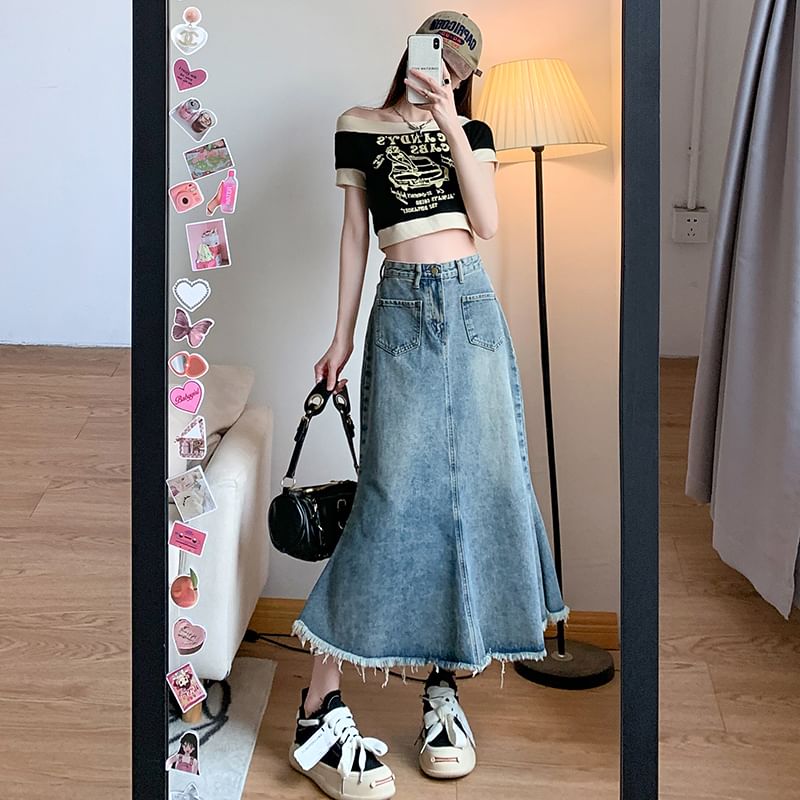 High Fringed Denim A-Line Skirt Midi Waist