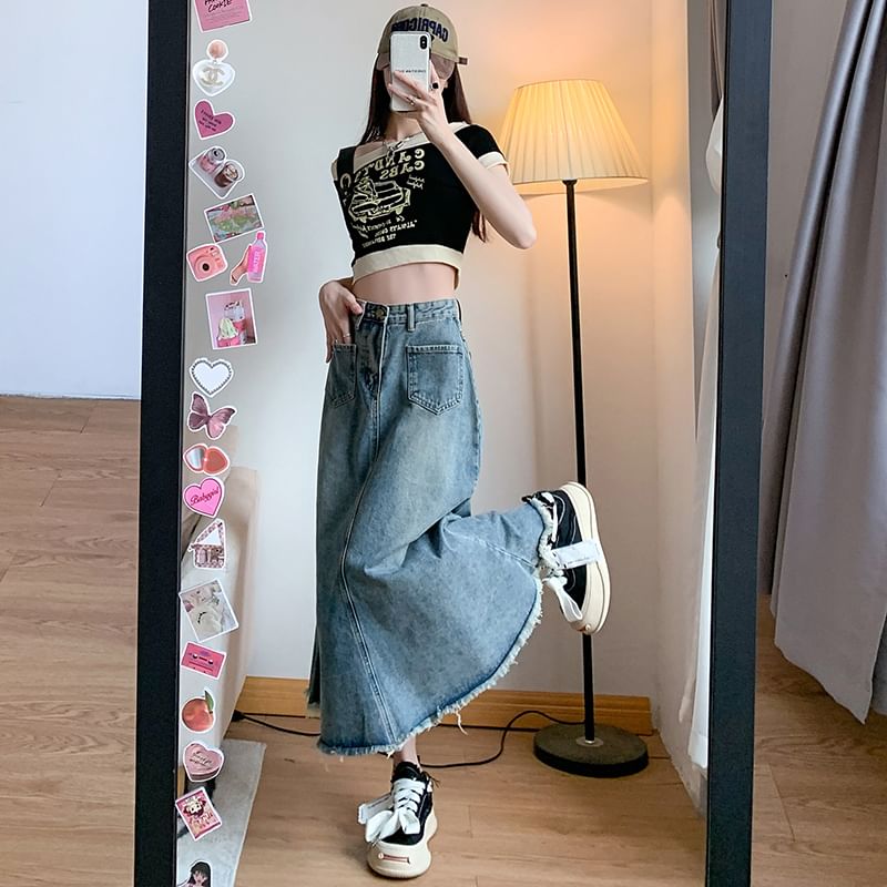 High Fringed Denim A-Line Skirt Midi Waist