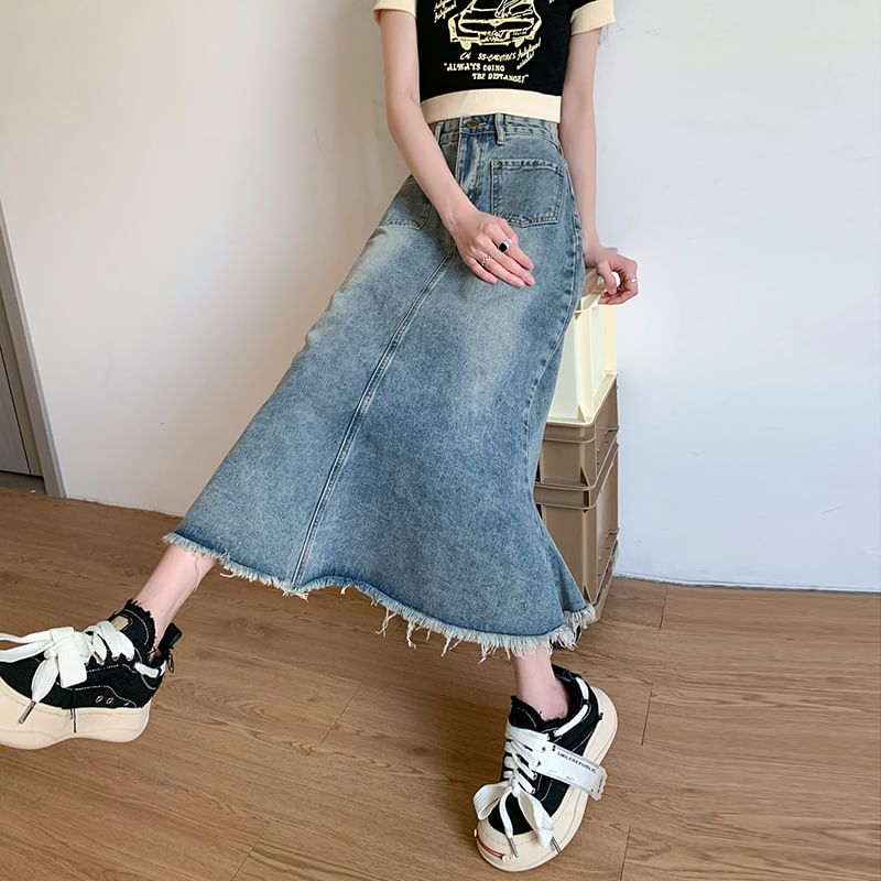 High Fringed Denim A-Line Skirt Midi Waist