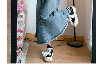 High Fringed Denim A-Line Skirt Midi Waist