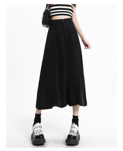 Midi High A-Line Denim Rise Plain Skirt