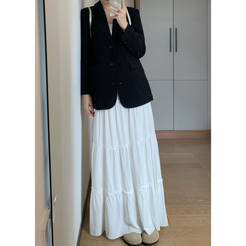 Plain A-Line Tiered Maxi Skirt Elastic Waist