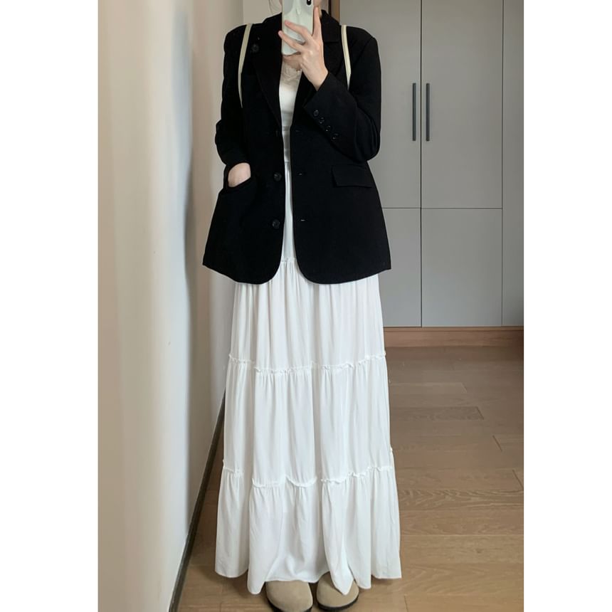 Plain A-Line Tiered Maxi Skirt Elastic Waist