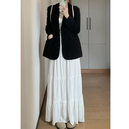 Plain A-Line Tiered Maxi Skirt Elastic Waist