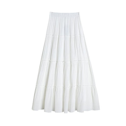 Plain A-Line Tiered Maxi Skirt Elastic Waist