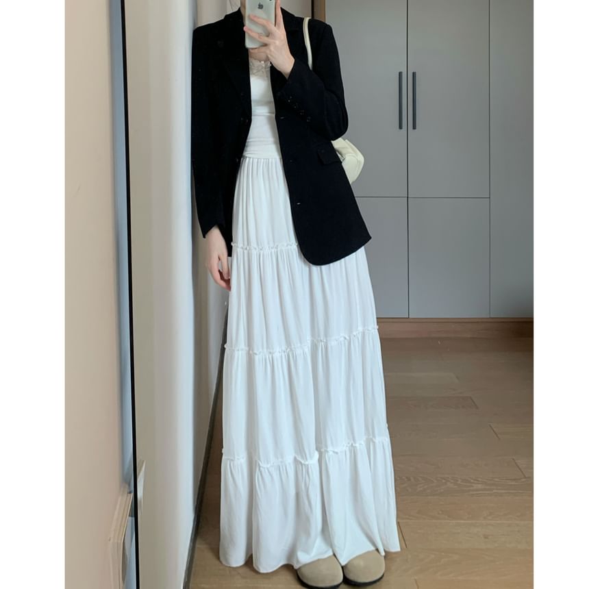 Plain A-Line Tiered Maxi Skirt Elastic Waist