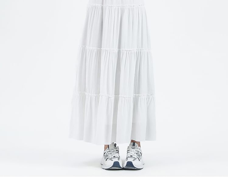 Plain A-Line Tiered Maxi Skirt Elastic Waist