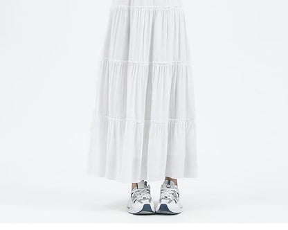 Plain A-Line Tiered Maxi Skirt Elastic Waist