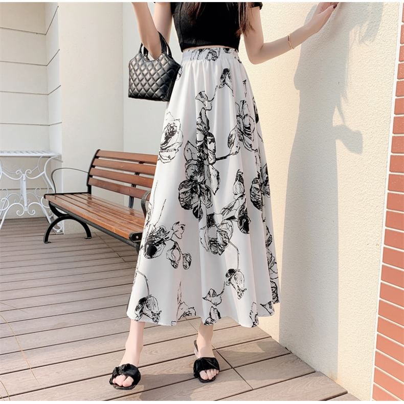 Skirt Elastic Waist Midi A-Line Floral