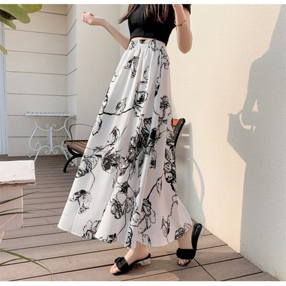 Skirt Elastic Waist Midi A-Line Floral