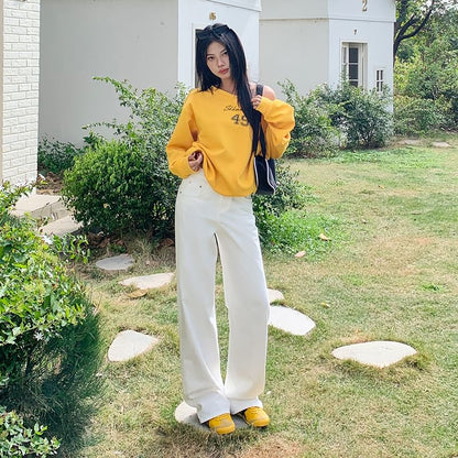 Leg Wide (Various Pants Designs) Washed Suit Plain Rise High