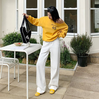 Leg Wide (Various Pants Designs) Washed Suit Plain Rise High