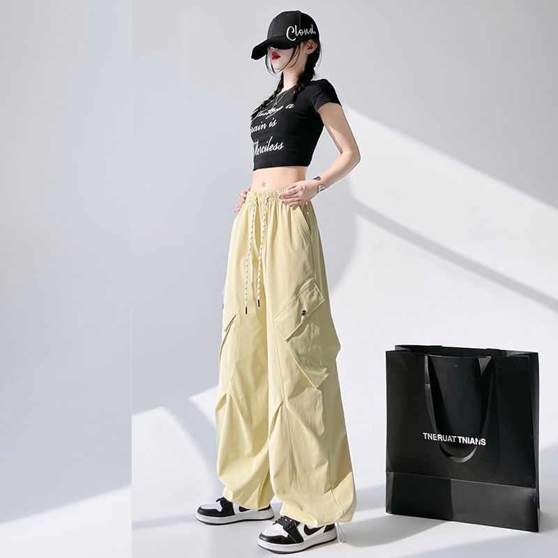Plain Pants Cargo Leg Waist Drawstring Wide