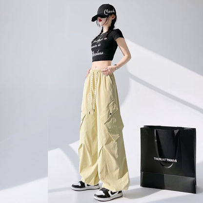 Plain Pants Cargo Leg Waist Drawstring Wide