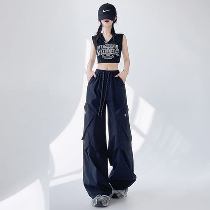 Plain Pants Cargo Leg Waist Drawstring Wide