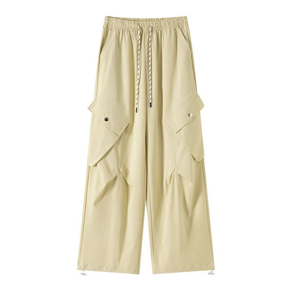Plain Pants Cargo Leg Waist Drawstring Wide