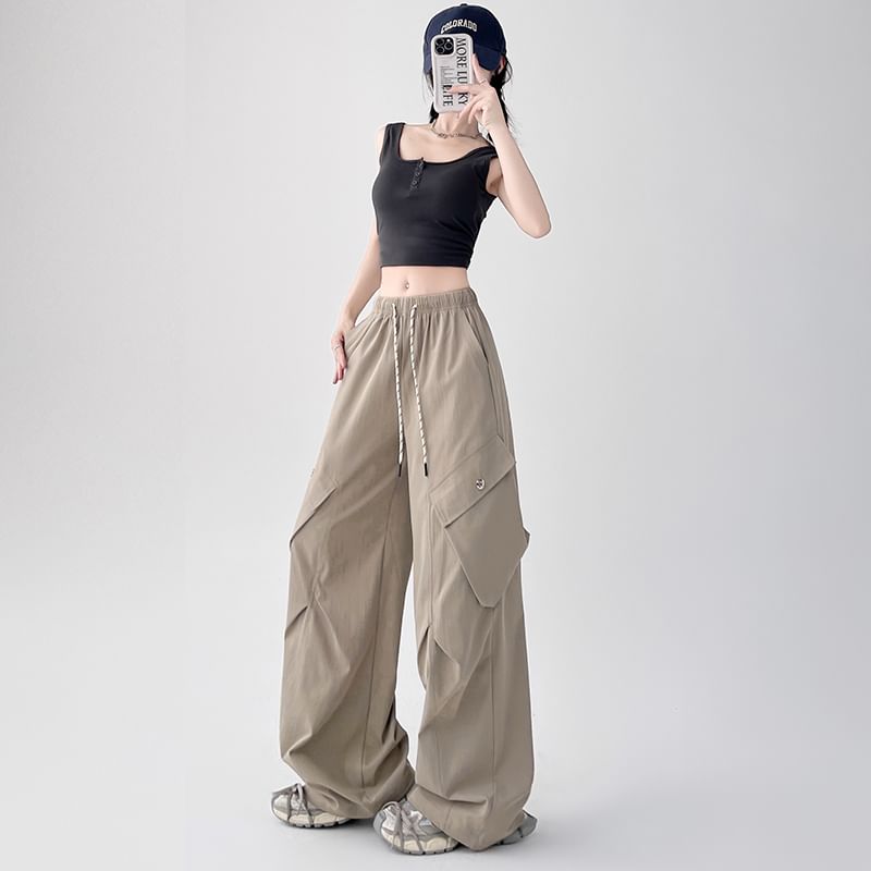 Plain Pants Cargo Leg Waist Drawstring Wide