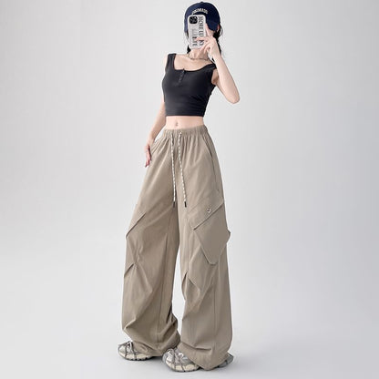 Plain Pants Cargo Leg Waist Drawstring Wide