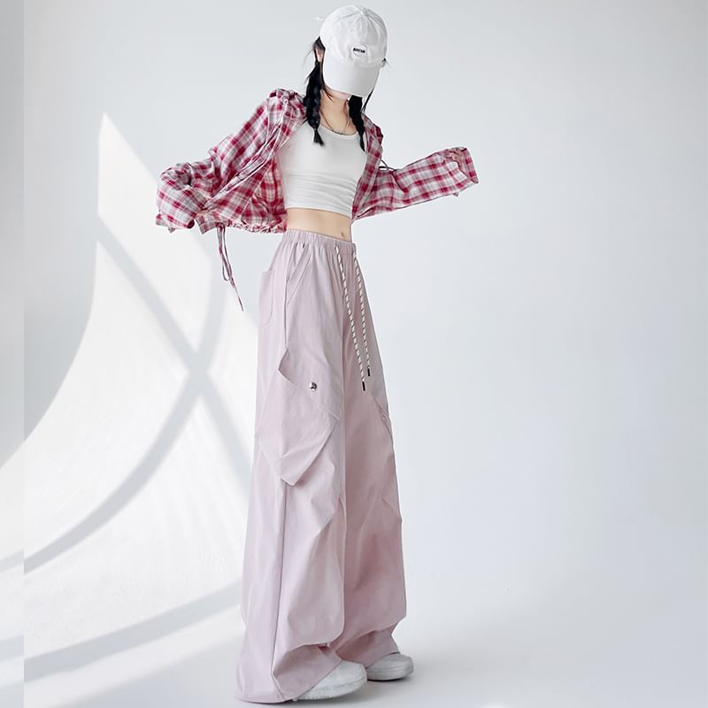 Plain Pants Cargo Leg Waist Drawstring Wide