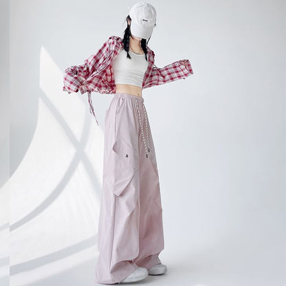 Plain Pants Cargo Leg Waist Drawstring Wide