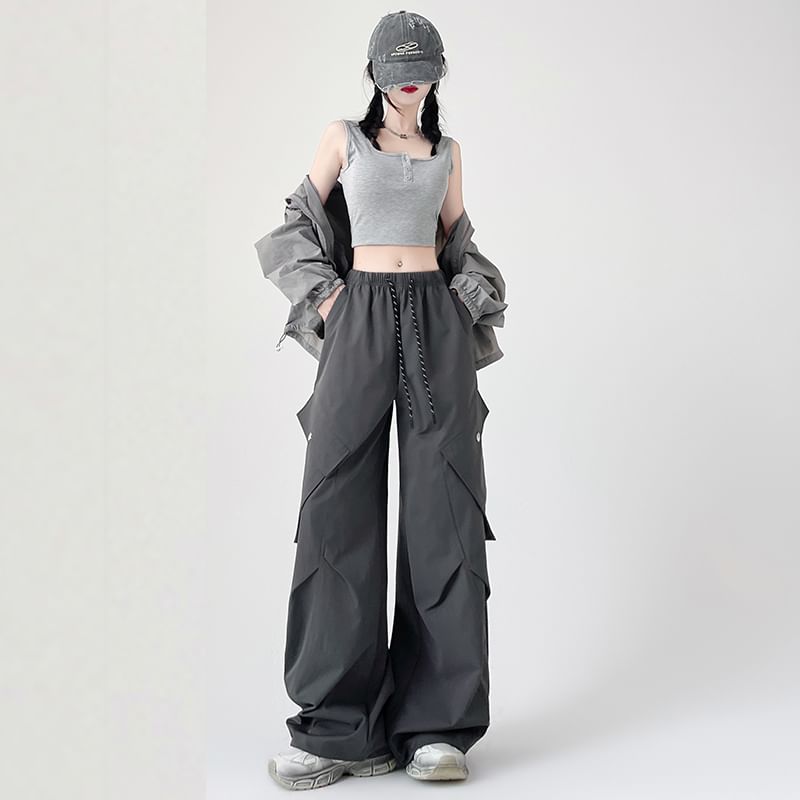Plain Pants Cargo Leg Waist Drawstring Wide