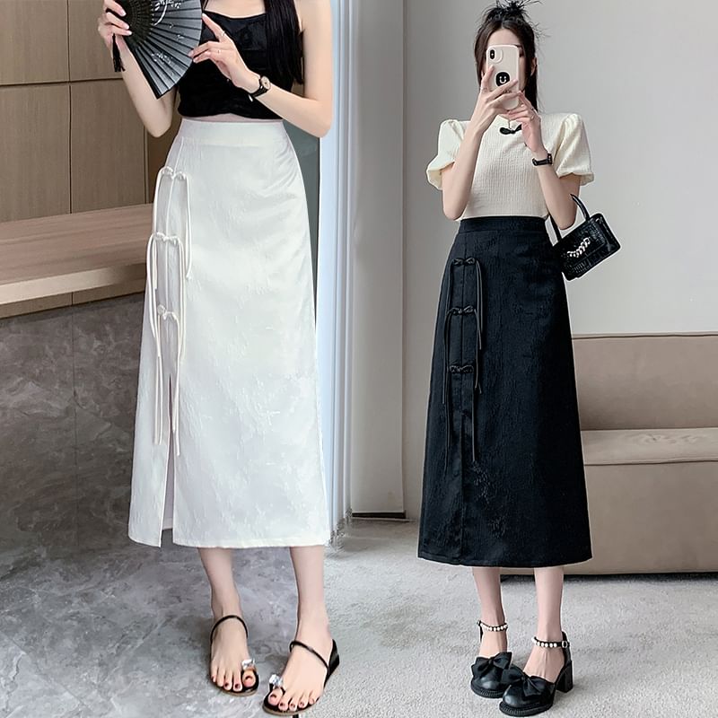 High Slit A-Line Midi Floral Waist Jacquard Frog Button Skirt