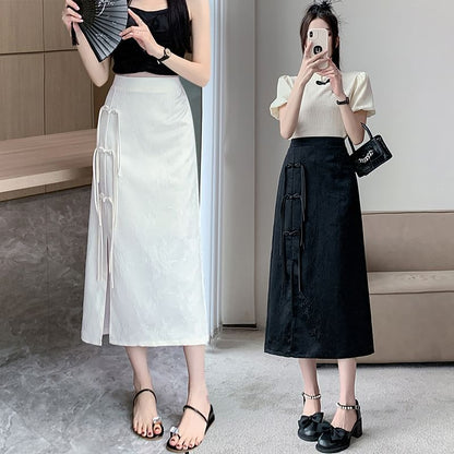 High Slit A-Line Midi Floral Waist Jacquard Frog Button Skirt