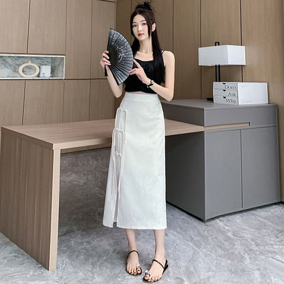 High Slit A-Line Midi Floral Waist Jacquard Frog Button Skirt