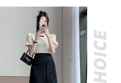 High Slit A-Line Midi Floral Waist Jacquard Frog Button Skirt