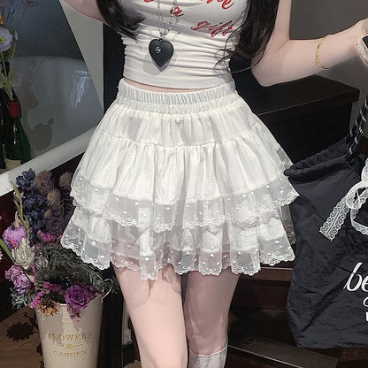 Waist Skirt Elastic Plain A-Line Tiered Lace Mini Trim