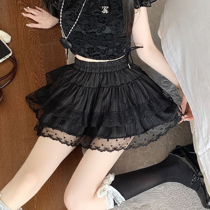 Waist Skirt Elastic Plain A-Line Tiered Lace Mini Trim