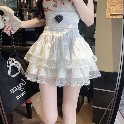 Waist Skirt Elastic Plain A-Line Tiered Lace Mini Trim