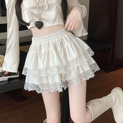 Waist Skirt Elastic Plain A-Line Tiered Lace Mini Trim