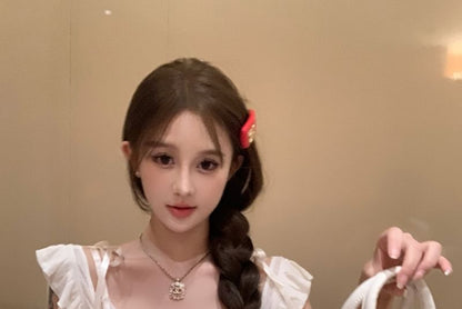 Cap-Sleeve Top Trim Neck / V-Neck Plain Cropped Cami Scoop Tee Ruffle Lace