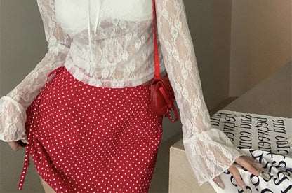 V-Neck Lace Sleeve Floral Top Crop See-Through Long