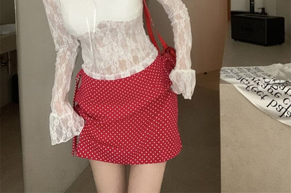 V-Neck Lace Sleeve Floral Top Crop See-Through Long