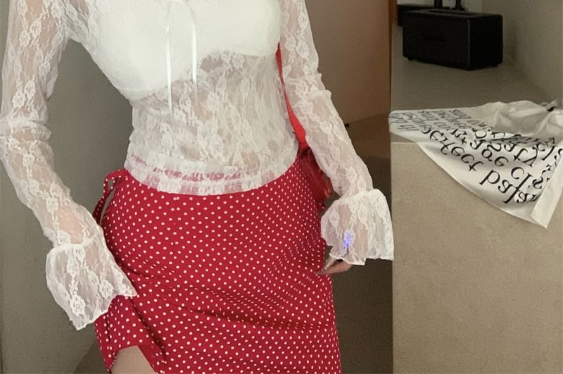 V-Neck Lace Sleeve Floral Top Crop See-Through Long