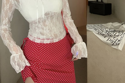 V-Neck Lace Sleeve Floral Top Crop See-Through Long