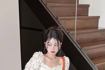 Short-Sleeve Lace Crop Top Ruffle Off-The-Shoulder Trim