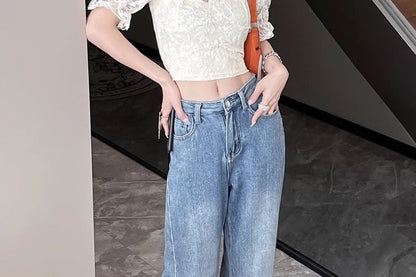 Short-Sleeve Lace Crop Top Ruffle Off-The-Shoulder Trim