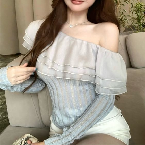 Trim Shoulder Long-Sleeve One Plain Glitter Crop Top Ruffle