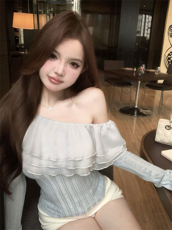 Trim Shoulder Long-Sleeve One Plain Glitter Crop Top Ruffle